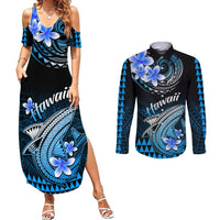 Blue off-shoulder maxi dress and long-sleeve button shirt with blue floral shark print