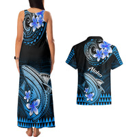Hawaii Couples Matching Tank Maxi Dress and Hawaiian Shirt Polynesian Shark with Kakau Blue Version - Wonder Print Shop