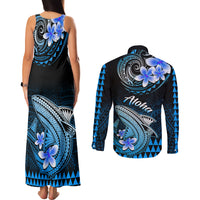 Hawaii Couples Matching Tank Maxi Dress and Long Sleeve Button Shirts Polynesian Shark with Kakau Blue Version - Wonder Print Shop