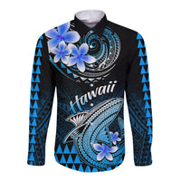 Hawaii Long Sleeve Button Shirt Polynesian Shark with Kakau Blue Version - Wonder Print Shop