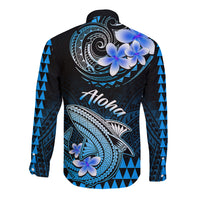 Hawaii Long Sleeve Button Shirt Polynesian Shark with Kakau Blue Version - Wonder Print Shop