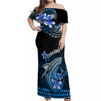 Hawaii Off Shoulder Maxi Dress Polynesian Shark with Kakau Blue Version - Wonder Print Shop