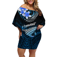 Hawaii Off Shoulder Short Dress Polynesian Shark with Kakau Blue Version - Wonder Print Shop