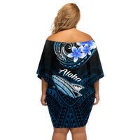Hawaii Off Shoulder Short Dress Polynesian Shark with Kakau Blue Version - Wonder Print Shop
