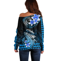 Hawaii Off Shoulder Sweater Polynesian Shark with Kakau Blue Version - Wonder Print Shop