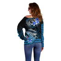 Hawaii Off Shoulder Sweater Polynesian Shark with Kakau Blue Version - Wonder Print Shop