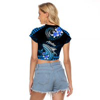 Hawaii Raglan Cropped T Shirt Polynesian Shark with Kakau Blue Version - Wonder Print Shop