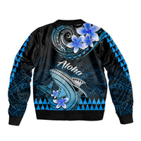 Hawaii Sleeve Zip Bomber Jacket Polynesian Shark with Kakau Blue Version - Wonder Print Shop