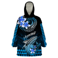 Hawaii Wearable Blanket Hoodie Polynesian Shark with Kakau Blue Version - Wonder Print Shop