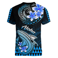 Hawaii Women V Neck T Shirt Polynesian Shark with Kakau Blue Version - Wonder Print Shop
