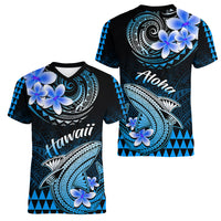Hawaii Women V Neck T Shirt Polynesian Shark with Kakau Blue Version - Wonder Print Shop