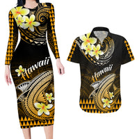 Hawaii Couples Matching Long Sleeve Bodycon Dress and Hawaiian Shirt Polynesian Shark with Kakau Gold Version - Wonder Print Shop