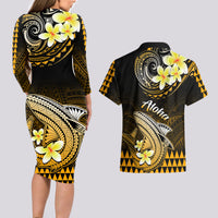Hawaii Couples Matching Long Sleeve Bodycon Dress and Hawaiian Shirt Polynesian Shark with Kakau Gold Version - Wonder Print Shop