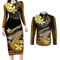 Hawaii Couples Matching Long Sleeve Bodycon Dress and Long Sleeve Button Shirts Polynesian Shark with Kakau Gold Version - Wonder Print Shop