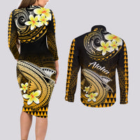 Hawaii Couples Matching Long Sleeve Bodycon Dress and Long Sleeve Button Shirts Polynesian Shark with Kakau Gold Version - Wonder Print Shop