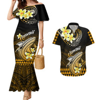 Black mermaid dress with gold floral tribal print and matching Hawaiian shirt set
