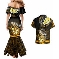 Off-shoulder black mermaid dress and matching Hawaiian shirt with gold floral tribal back