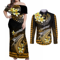 Hawaii Couples Matching Off Shoulder Maxi Dress and Long Sleeve Button Shirts Polynesian Shark with Kakau Gold Version - Wonder Print Shop