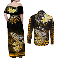 Hawaii Couples Matching Off Shoulder Maxi Dress and Long Sleeve Button Shirts Polynesian Shark with Kakau Gold Version - Wonder Print Shop