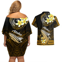 Hawaii Couples Matching Off Shoulder Short Dress and Hawaiian Shirt Polynesian Shark with Kakau Gold Version - Wonder Print Shop