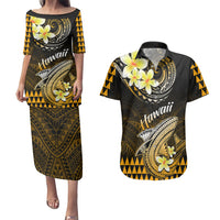 Hawaii Couples Matching Puletasi Dress and Hawaiian Shirt Polynesian Shark with Kakau Gold Version - Wonder Print Shop