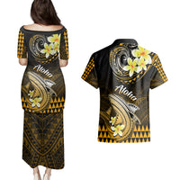 Hawaii Couples Matching Puletasi Dress and Hawaiian Shirt Polynesian Shark with Kakau Gold Version - Wonder Print Shop