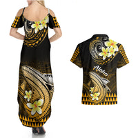 Hawaii Couples Matching Summer Maxi Dress and Hawaiian Shirt Polynesian Shark with Kakau Gold Version - Wonder Print Shop