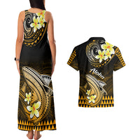 Hawaii Couples Matching Tank Maxi Dress and Hawaiian Shirt Polynesian Shark with Kakau Gold Version - Wonder Print Shop