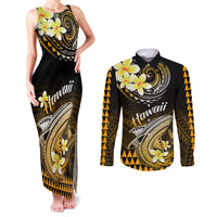 Hawaii Couples Matching Tank Maxi Dress and Long Sleeve Button Shirts Polynesian Shark with Kakau Gold Version - Wonder Print Shop