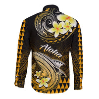Hawaii Long Sleeve Button Shirt Polynesian Shark with Kakau Gold Version - Wonder Print Shop