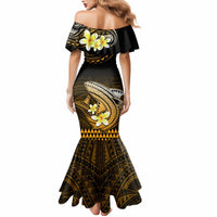 Women’s off-shoulder mermaid dress with black and gold tribal shark motif, floral print