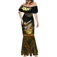 Women’s mermaid dress off-shoulder with black and gold tribal shark, floral pattern