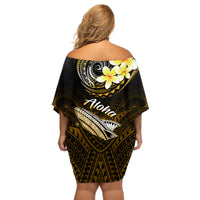 Hawaii Off Shoulder Short Dress Polynesian Shark with Kakau Gold Version - Wonder Print Shop