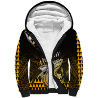 Black sherpa-lined zip hoodie with gold geometric sleeves and shark graphic