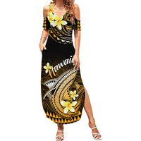 Women’s black maxi dress with gold and white floral Polynesian-style print, side slit