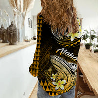 Hawaii Women Casual Shirt Polynesian Shark with Kakau Gold Version - Wonder Print Shop