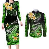 Hawaii Couples Matching Long Sleeve Bodycon Dress and Long Sleeve Button Shirts Polynesian Shark with Kakau Green Version - Wonder Print Shop