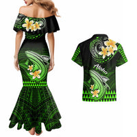 Mermaid dress with off-shoulder sleeves and green tropical shark floral Hawaiian shirt, Aloha