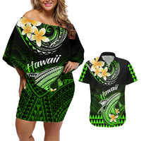 Hawaii Couples Matching Off Shoulder Short Dress and Hawaiian Shirt Polynesian Shark with Kakau Green Version - Wonder Print Shop