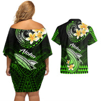 Hawaii Couples Matching Off Shoulder Short Dress and Hawaiian Shirt Polynesian Shark with Kakau Green Version - Wonder Print Shop