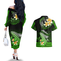 Hawaii Couples Matching Off The Shoulder Long Sleeve Dress and Hawaiian Shirt Polynesian Shark with Kakau Green Version - Wonder Print Shop