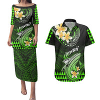 Hawaii Couples Matching Puletasi Dress and Hawaiian Shirt Polynesian Shark with Kakau Green Version - Wonder Print Shop
