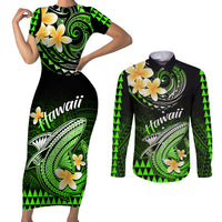 Hawaii Couples Matching Short Sleeve Bodycon Dress and Long Sleeve Button Shirts Polynesian Shark with Kakau Green Version - Wonder Print Shop