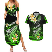 Hawaii Couples Matching Summer Maxi Dress and Hawaiian Shirt Polynesian Shark with Kakau Green Version - Wonder Print Shop