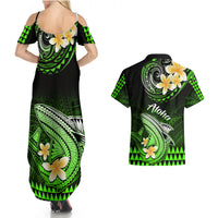Hawaii Couples Matching Summer Maxi Dress and Hawaiian Shirt Polynesian Shark with Kakau Green Version - Wonder Print Shop