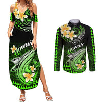 Green Polynesian shark couples maxi dress with off-shoulder sleeves and matching long-sleeve shirt
