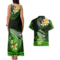 Hawaii Couples Matching Tank Maxi Dress and Hawaiian Shirt Polynesian Shark with Kakau Green Version - Wonder Print Shop