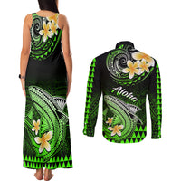 Hawaii Couples Matching Tank Maxi Dress and Long Sleeve Button Shirts Polynesian Shark with Kakau Green Version - Wonder Print Shop