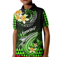 Kids green-black polo shirt with Polynesian shark and flower graphic