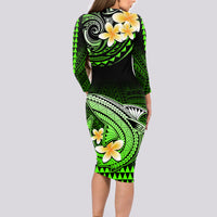 Hawaii Long Sleeve Bodycon Dress Polynesian Shark with Kakau Green Version - Wonder Print Shop